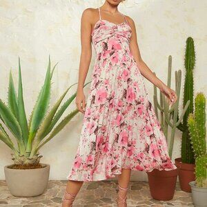 Floral Print Ruched Bust Pleated Hem Cami Dress